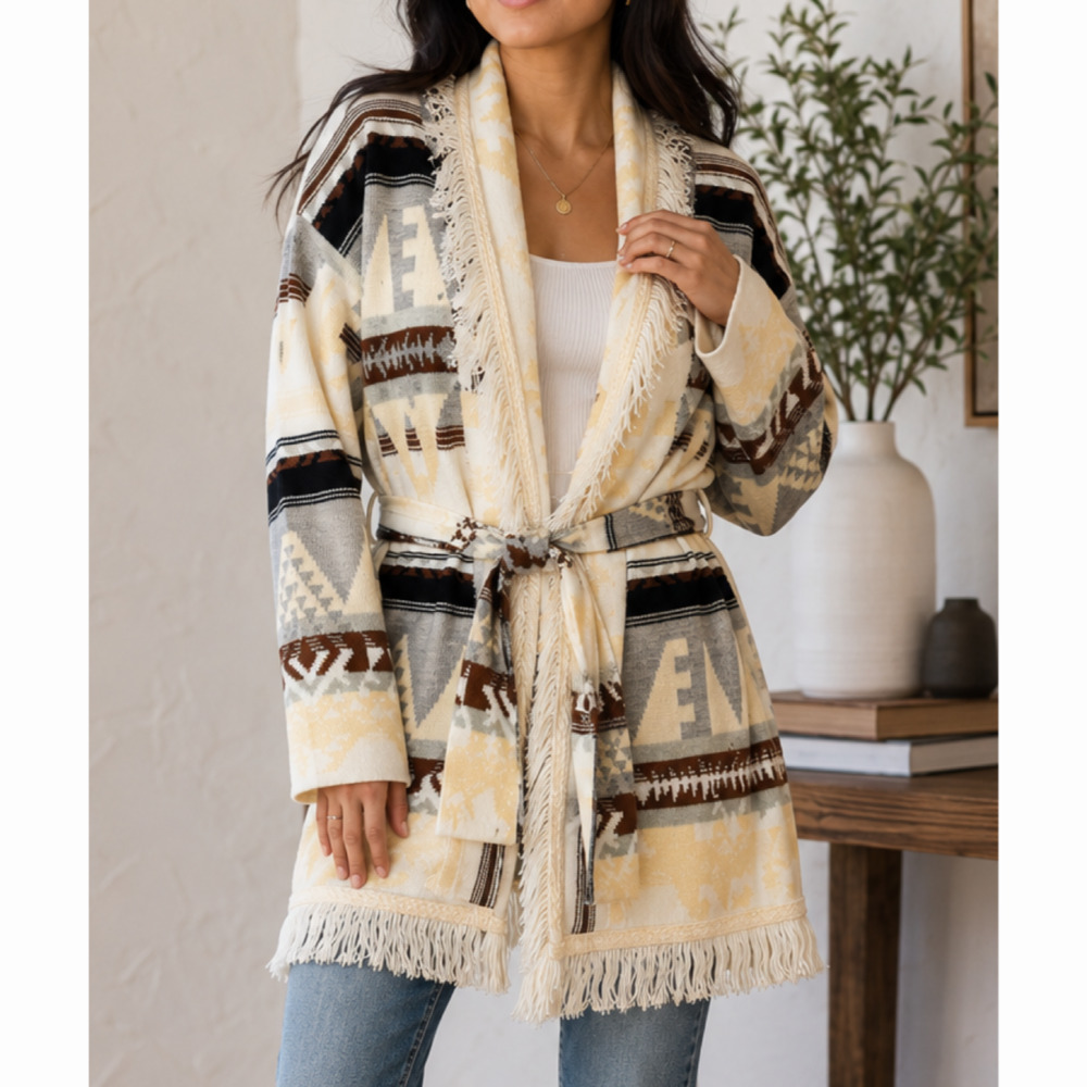Torn by Ronny Kobo Boston Proper Southwestern Aztec Fringe Cardigan Sweater